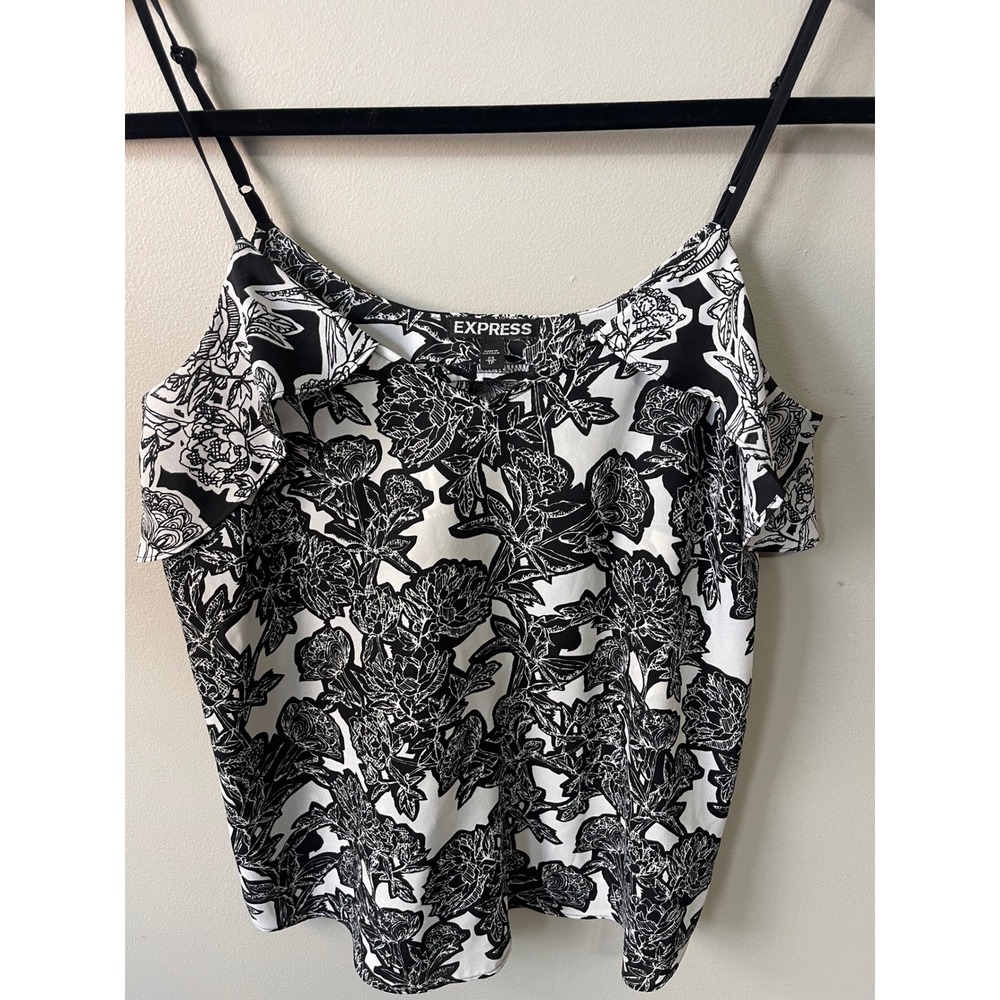Express Womens XS Black White Floral Ruffle Cold Shoulder Cami Top